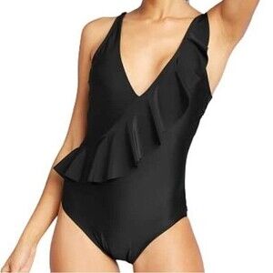 NWT Kona Sol Black Women's Asymmetrical Ruffle One Piece Swimsuit Size L Large